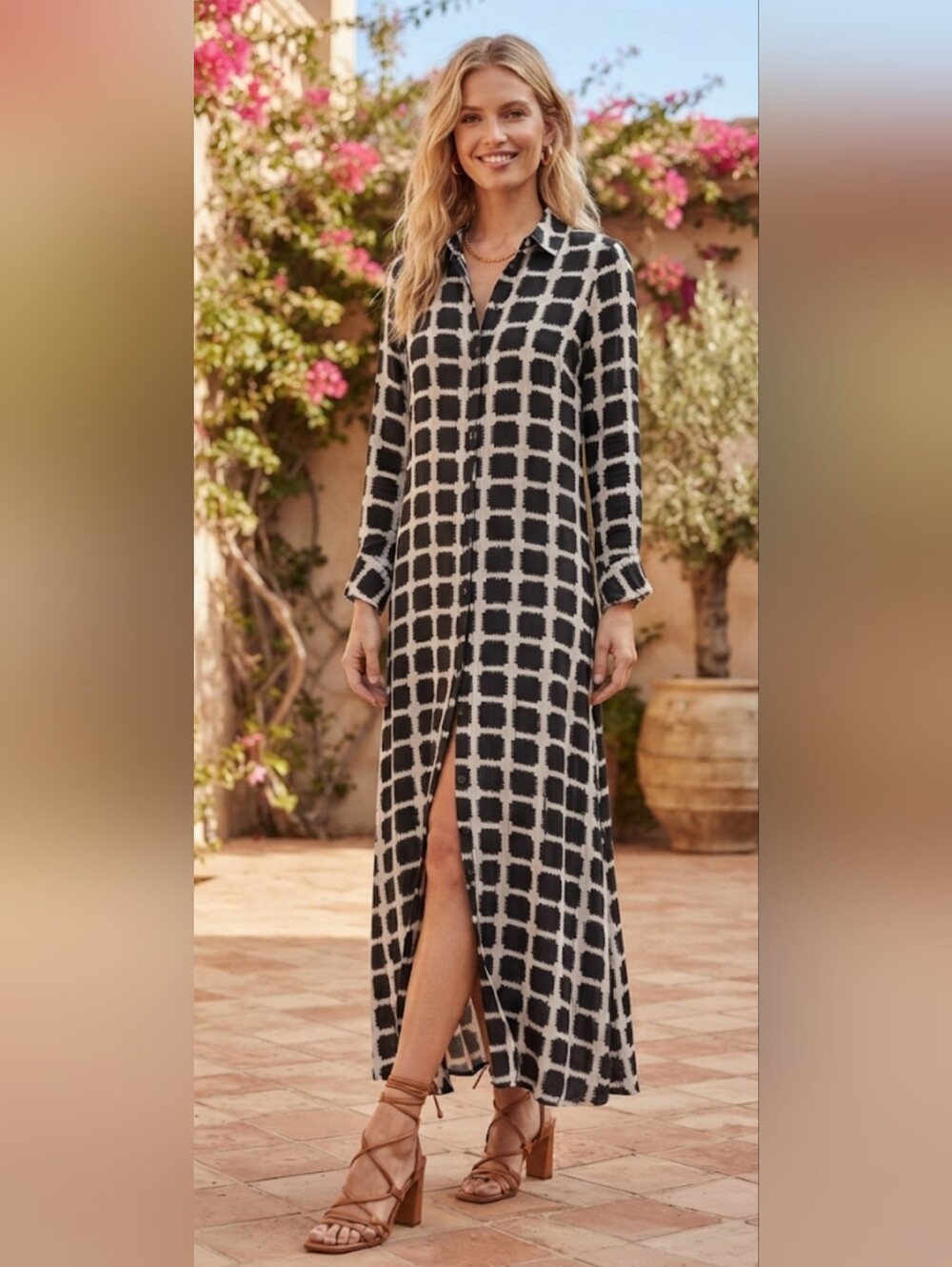 Zara Black and White Check Shirt Maxi Dress